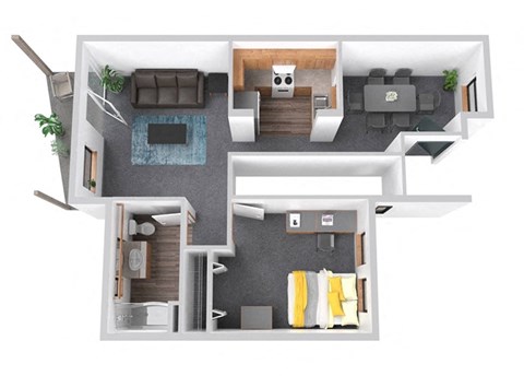 Floor plan for 1 bed, 1 bath, 665 sqft